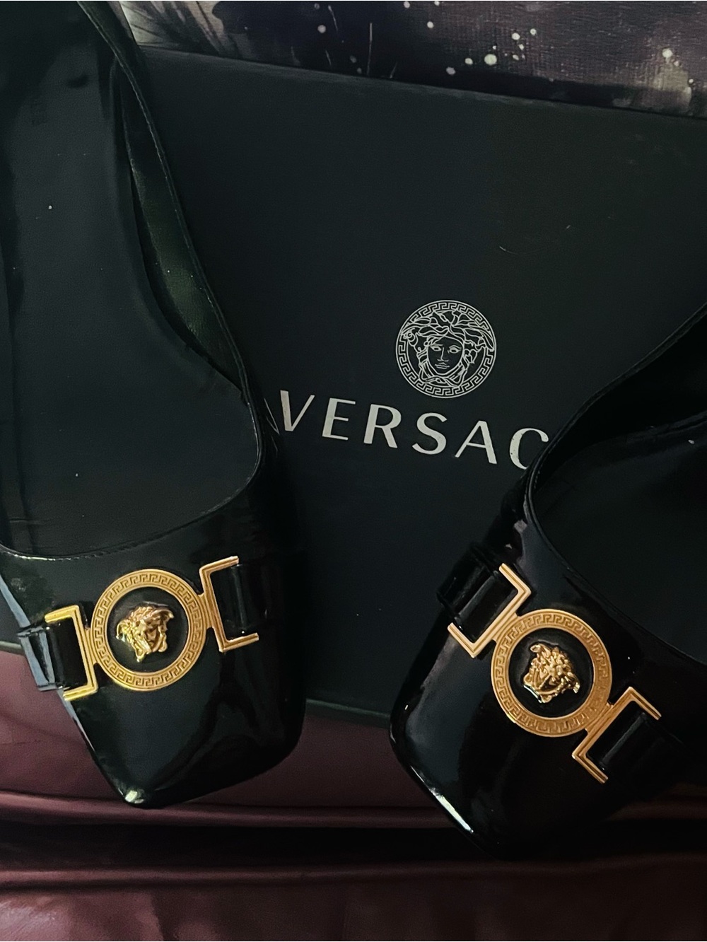 Versace Black Patent Flats with Gold Medusa Emblems